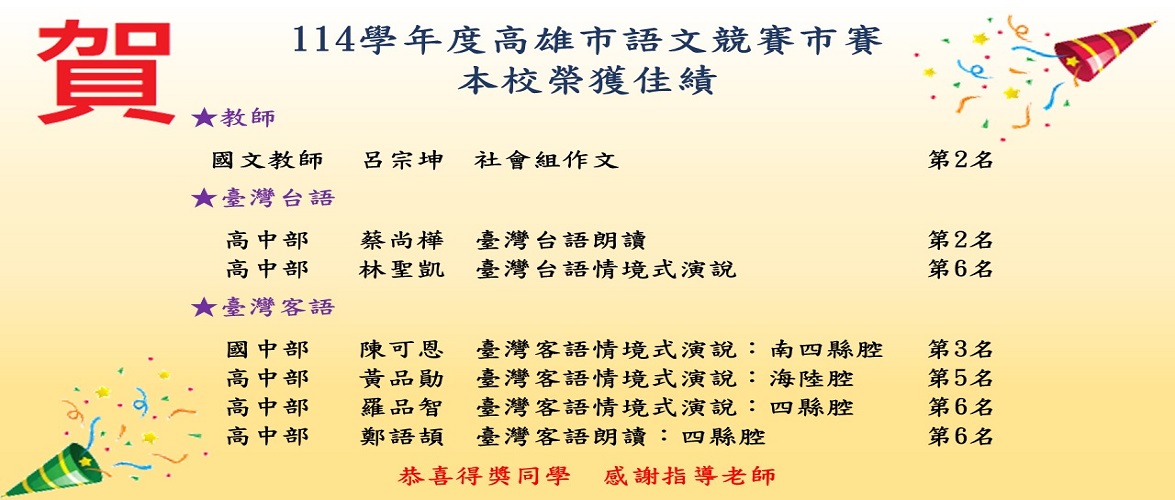賀113學年度高雄市語文競賽市賽本校榮獲佳績