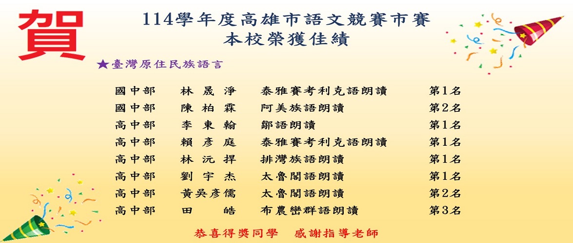 賀113學年度高雄市語文競賽市賽本校榮獲佳績